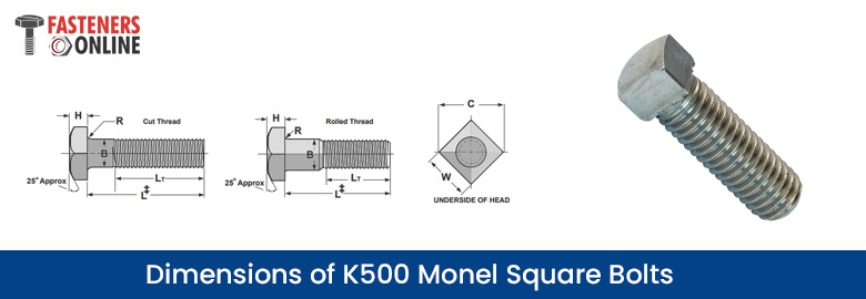 Dimensions of K500 Monel square bolts